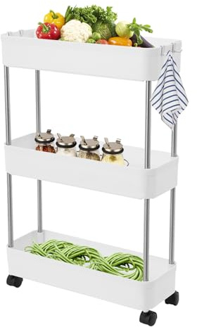 RUETERY Rullvagn 3 nivåer, köksvagn med 4 krokar och universella hjul, förvaringsvagn för kök, badrum, tvättstuga, sovrum, smala platser.
