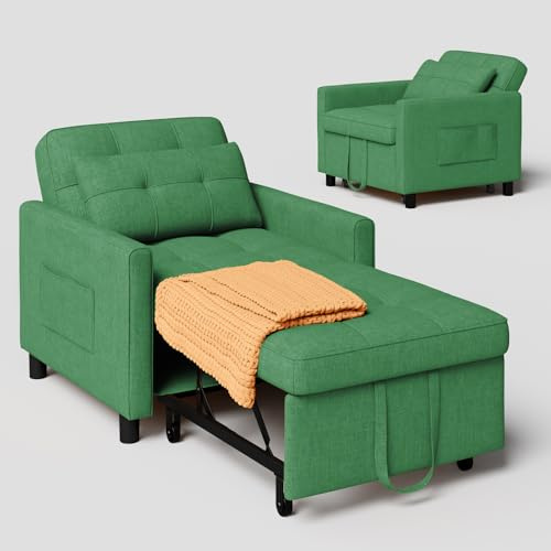 Xbro Poltrona Letto Singolo 3 in 1 Pieghevole, Divano Letto Salvaspazio con Schienale Regolabile 110°-180°, Sedia Letto con Ruote e Tasche Laterali per Soggiorno Ufficio Camera, Verde