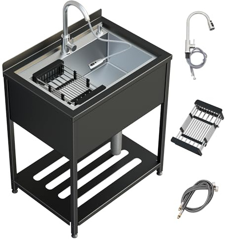 30inch Stainless Steel Utility Sink, Commercial Kitchen Single Bowl Sink with Cold and Hot Water Faucet,Hoses and Drain Kit,Stainless Utility Sink for Kitchens, Bathrooms, Garage, Laundry Room