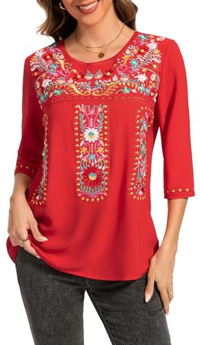 MINTLIMIT Mexican Shirts for Women Embroidered Tops Traditional Summer Blouse Women's Floral Tunic V Neck 3/4 Sleeve (Round Neck Red, Size S)