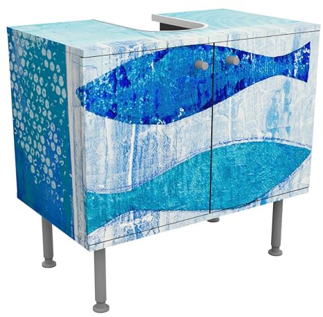 micasia Waschbeckenunterschrank 2 Türen Kunst höhenverstellbar mit Füßen - 60er Breite - Fische Malerei Unterschrank blau Bad Gäste WC Möbel mit Motiv 1680