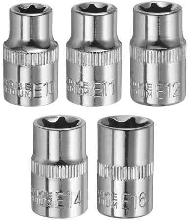 QUARKZMAN 5 douilles E-Torx 3/8 (E10-E16) en acier Cr-V, 6 cannelures | Douilles Femelles Profondes, Pour Réparations Auto, Bricolage Et Entretien Maison (Longueur : 1,1)