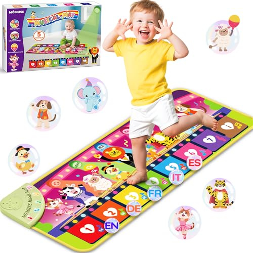 MOMUSE Tapis Musical 5 Langues (FR/DE/en/IT/ES), Jouet Bébé 1 an, Tapis Piano Enfant Multilingue avec 9 Animaux, Portable, Léger, Cadeau d’Anniversaire/Noël pour Enfants 1 2 3 4 Ans