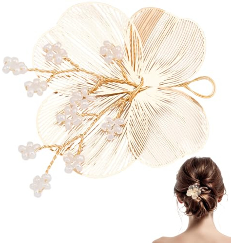 CABODYALS 1 pieza de Accesorio para el Cabello con Flor Dorada, Adorno de Metal con Perlas Florales, Pasador para la Cabeza de Novia, Silueta Decorativa con Forma de Pétalo, Pieza de Cabello de Aleaci