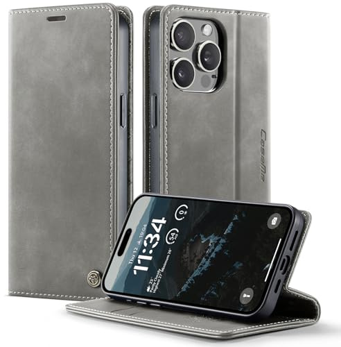 owlhold iPhone 13 Pro hülle klapphülle Premium PU Leder, RFID Schutzhülle, Faltbare Ständer, Handytasche Lederhülle Kartenfach Standfunktion Handyhülle iPhone 13 Pro - Grau