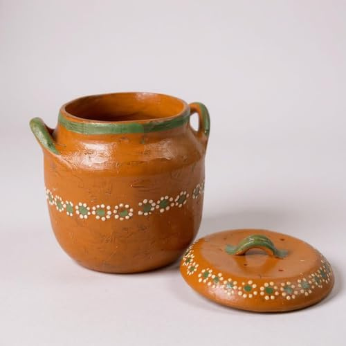 Mis Jarritos Mexican Clay Bean Pot W/Lid, Olla De Barro Frijolera Decorada Con Tapa, Cazuela, Large Cookware,Traditional Classic Pot. (1-1.25Gallon) (Olla Toluca) (Food Safe) (Made In Mexico)