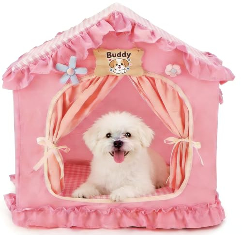 Iptienda hundtält inomhus, tvättbar och hopfällbar hundgrotta med ram, ventilerad hundbädd med mjuk kudde för katter/hundar, hundkoja lätt att installera, för 5–12 kg
