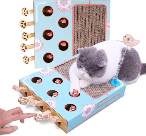 Yogtech Interactive Whack-a-Mole Cat Toy with Corrugated Scratch Pad - Durable Indoor Cat Plaything for Hunting Fun & Furniture Protection