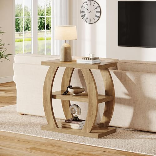 Tribesigns End Table for Living Room, 3-Tier Narrow Side Table with Storage, Farmhouse Wooden Beside Table with Geometric Frame, Tall Nightstand for Bedroom, Small Spaces, Natural Oak