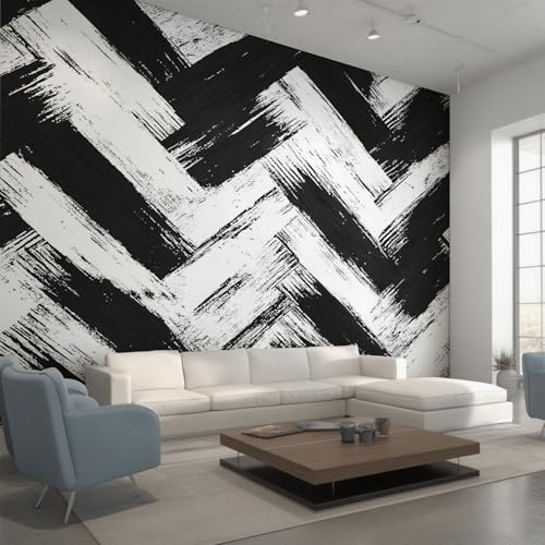 Non-Woven Black White Zig Zag Wallpaper - Modern Geometric Chevron Wall Mural for Bedroom, Living Room Background Decoration, Home Decor Photo Wall Paper 250x175 cm (WxH)