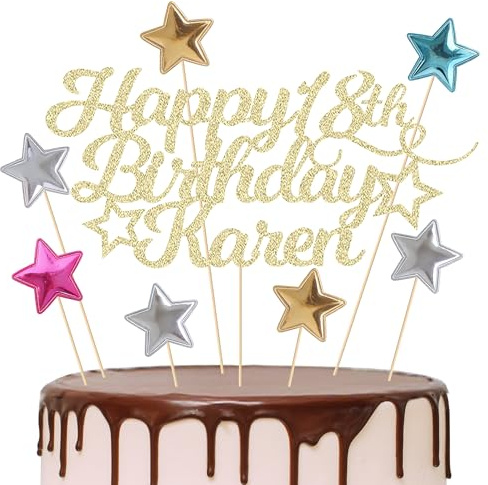 EDSG Happy Birthday Cake Topper Personalised, Custom Cake Topper with Any Age Name, Double-Sided Glitter Cake Topper 13th 16th 18th 21st 30th 40th 50th 60th 80th (with Colored Star Set)