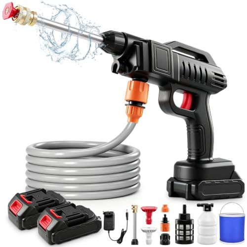 Teodute 21V 1500W Hidrolimpiadora de Bateria, Pistola de Agua a Presión con 5M Manguera y 2 Boquillas, 2 Baterías, para Coche Patio Jardín Limpieza de Suelos Riego (con Cubo)