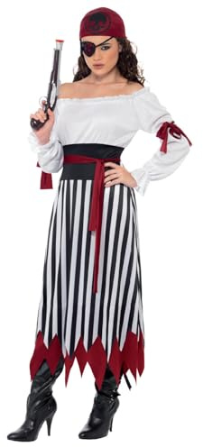 Smiffys Piratenkostüm, schwarz-weißes Kleid mit Armbändern, Gürtel und Kopfbedeckung, Piratenkostüme, Piratenkostüme