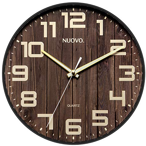 NUOVO Horloge murale ronde en bois de 30 cm, silencieuse et sans tic-tac rétro à grands chiffres pour salon, chambre à coucher, cuisine