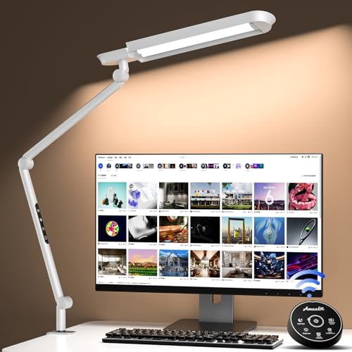 AmazLit Schreibtischlampe, LED Schreibtischlampe 1100 Lumen mit Klemme Schwenkarm Architektenlampe 18W Hohe Helligkeit Keine Blendung Augenschutz Bürolampe Mehrfachbeleuchtung/Funktion