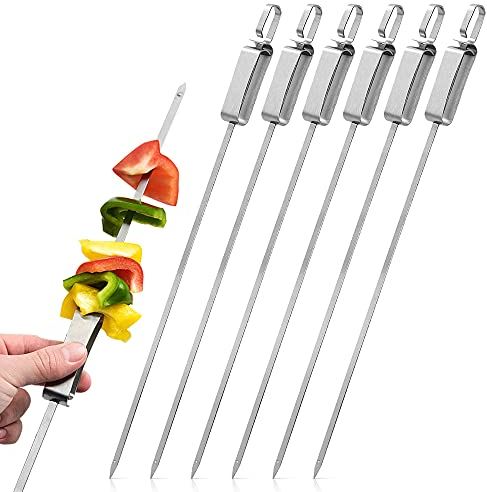 DINGC Spiedini Acciaio Inox Skewers Kebab, Spiedini per Barbecue con Maniglia di Spinta in Metallo Set da 6 Pezzi, Shish Kebab Riutilizzabile Piatto Elementi Essenziali per Le Feste Barbecue