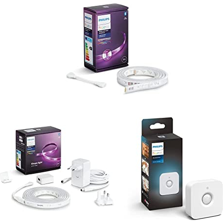 Philips Hue White & Col. Amb. Lightstrip Plus 1m Erweiterung, 950lm + White & Col. Amb. Lightstrip Plus 2m Basis, 1600lm + Bewegungssensor, intelligenter Bewegungsmelder, Tageslichtsensor