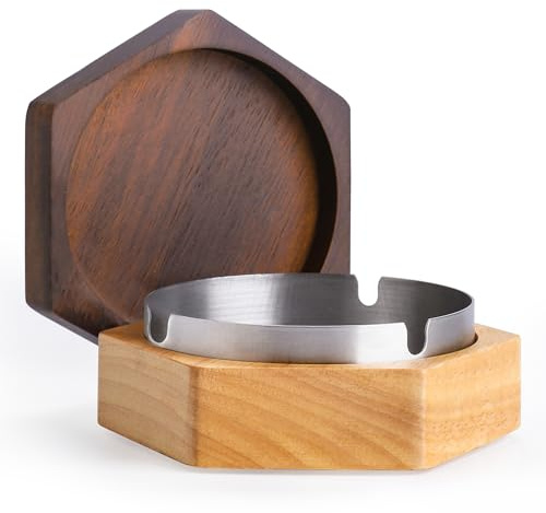DDAJJAJ Cenicero a prueba de viento para malezas con tapa, cenicero de madera con forro de acero inoxidable para uso en exteriores e interiores, cenicero para fumar para oficina en casa