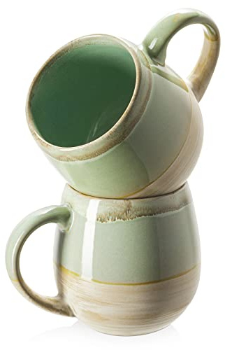 LIFVER 21 Oz Large Ceramic Coffee Mug, Stoneware Coffee Mugs Set of 2, Big Tea Cup for Office and Home, Big Latte Mugs for Coffee, Tea, Dishwasher and Microwave Safe, Green