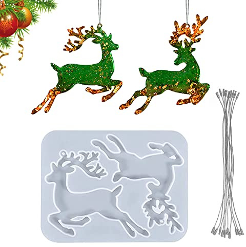 Stampi Silicone per Resina Epossidica Natale, Alce a Forma di Stampi Silicone Natale Stampi Resina Natale con 10 Cordini in Filo D'argento per albero di Natale Decorazione Portachiavi DIY Regalo
