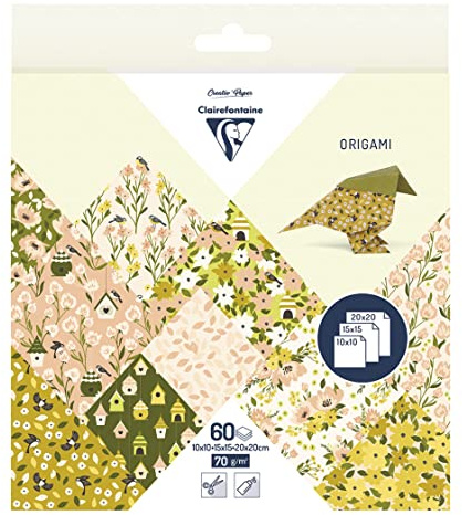 Clairefontaine - Papier Origami 60 Feuilles Motifs Printemps 3 Formats : 10x10cm, 15x15cm, 20x20cm - 70g - 10 Motifs Colorés Assortis (2 Feuilles par Format) - Loisirs Créatifs Adultes - 95378C