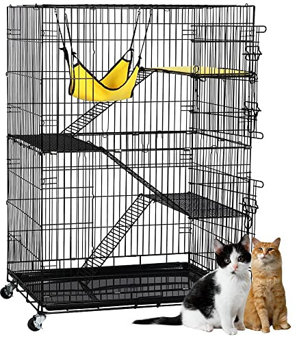 Yaheetech Cat Cage 123cm Metal Pet Cage on Wheels Rolling 4 Tiers Pet Cage with Double Layer Hammock/ 3 Ladder/Litter Tray/Brake Casters Travel Cat Cage Indoor/Outdoor, Black