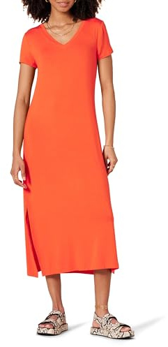 Amazon Essentials Vestido Midi de Punto de Manga Corta con Escote en Pico Mujer, Naranja Coral, L