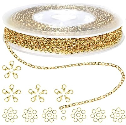 ZKGYUS 10 Meter Gold Gliederkette Schmuckherstellung Kette Überzogene Halskette Kabel Kette Metallkette mit 50 Sprung Ringe und 20 Karabinerverschlüsse für Schmuck Herstellung