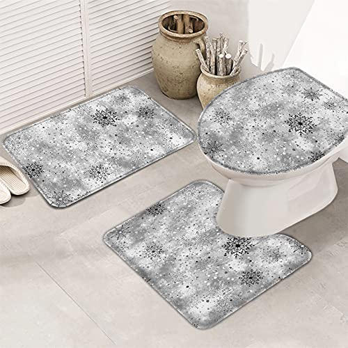 FJAUOQ Badematten-Set, Frohe Weihnachten, Winter, Vintage-Schneeflockenmuster, grau, schwarz, weiß, weich, rutschfest, saugfähig, Badezimmerteppich, Badteppich, WC-Deckelbezug für Badewanne, Dusche,