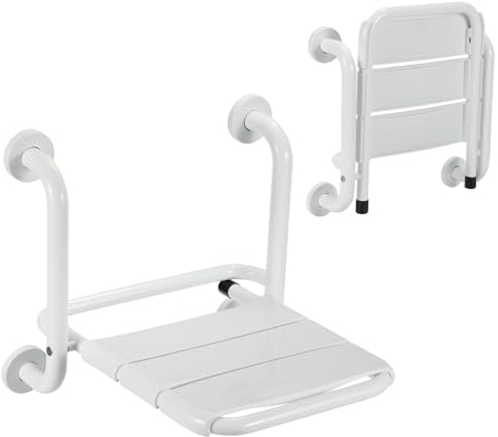 Yakimz Asiento de ducha plegable para montaje en pared, asiento de ducha plegable, silla de baño, silla de ducha para personas mayores, color blanco, asiento de ducha, asiento de ducha, 120 kg