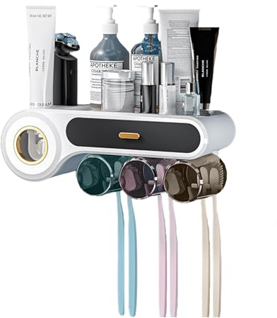 Portaspazzolino da denti, senza forare, portaspazzolino da parete, con dispenser automatico di dentifricio, tazza per spazzolini e contenitore per trucchi (3 tazze)