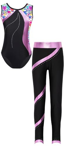 Agoky Ärmlös gymnastikdräkt för flickor, metallisk randig body med långa byxor, leggings, sport, tvådelad balett, dans, träningskläder, Rosa C, 158-164