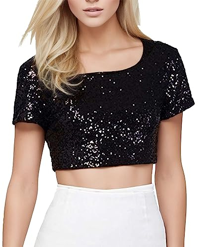 Glitzer Top Damen Sexy ,Pailletten Oberteil Damen Gold,Crop Tops Damen Kurzarm Oberteile Rundhals Glänzendes Tunika T-Shirt für Frauen Party Karneval Kostüm Clubwear Bauchfreie Cropped Tops Slim Fit