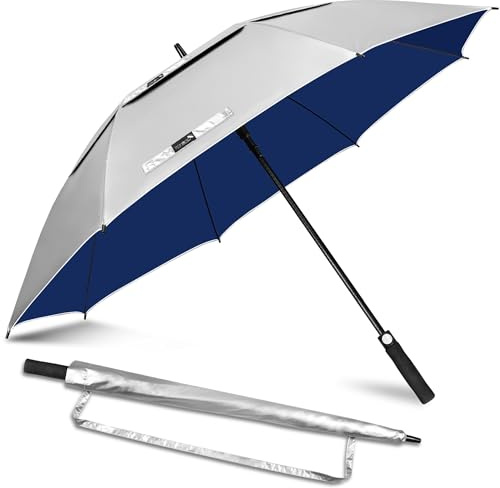 ZOMAKE UV Golf Umbrella for Sun Protection,Large Sun Umbrella Windproof and Rainproof Strong UPF 50+,Reflective Golfing Brolly 50In Unbreakable for Men Women (Silver/Navy Blue)