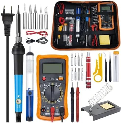 Set di Saldatori Elettrici 60 W, Temperatura Regolabile, 25 Pezzi Con Multimetro Digitale, Punte, Supporto, Pompa Dissaldante, Pinzetta, Cacciavite