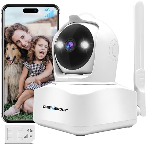GENBOLT 3G/4G LTE Security Camera Indoor with Sim Card, 2.5K Pet Camera Baby Monitor Spotlight Surveillance IP Camera No WiFi, Cellular CCTV Cameras Human Detection, Pan Tilt Auto Tracking Color Night