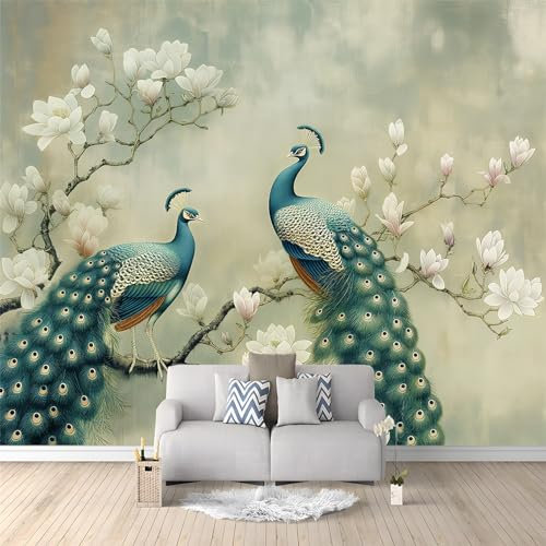 Papier Peint Intissé 350 x 256 cm Déco Murale Maison Chambre Salon, Photo Murale Décorative Paon à la chinoise - Pour Adulte Enfants