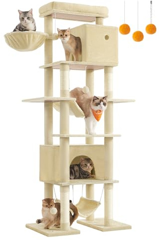 Feandrea Kratzbaum 201 cm, Turmform, Größe XXL, Multilevel, 1 Plattform, 1 Korb, 2 Hütten, 2 Hängematten, Kippschutz, Beige PCT195Y01