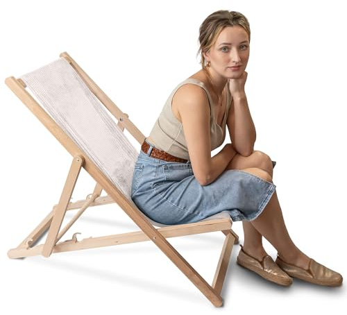 DreamRoots Liegestuhl Holz Klappbar Cord-Gewebe aus Buchenholz, bis 130 kg belastbar, 3-Fach verstellbare Rückenlehne für Garten oder Terrasse