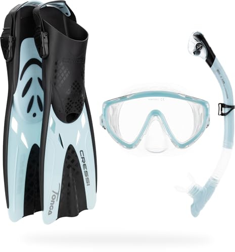 CRESSI Unisex-Adult Tino Adventure Set Flossen, Maske und Schnorchel, Schwarz/EIS Cyan, L/XL