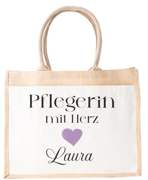 LIEBTASTISCH Jutetasche Shopper personalisiert bedruckt mit verschiedenen Berufen - Einkaufstasche stilvoll & praktisch-Jute-Tasch Jutetasche (Pflegerin, L (42x33x19 cm))