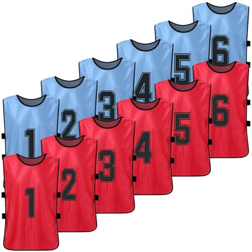 12er Set Fußball Trainingsweste für Anfänger,Jugendliche und Erwachsene,Schnell trocknendes Fußballtrikot in 2 Farben,Nummerierte Trainingsweste atmungsaktiv Trainingsleibchen für Fussball/Handball