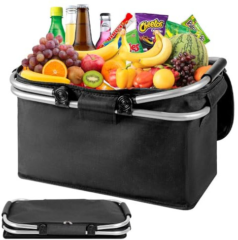 Vmxlso Einkaufskorb Faltbar 18L, Thermo Einkaufskorb als Picknickkorb, einkaufskorb mit Deckel, Reißverschluss und Aluminiumgestänge Tragegriffen, einkaufskorb Schwarz für Picknick, Reisen, Einkaufen
