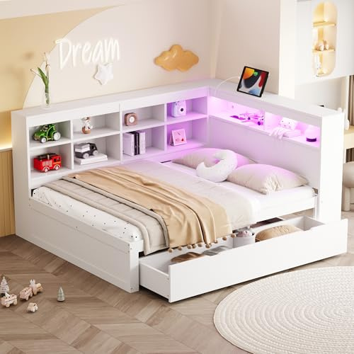 MQLAE Kinderbett Bettgestell Stauraumbett 140x200 mit USB - Schubladen und Bücherregal und Stauschrank, Holzbett Jugendbett Funktionsbett mit LED, Tagesbett Schlafsofa mit Lattenrost (Weiß)