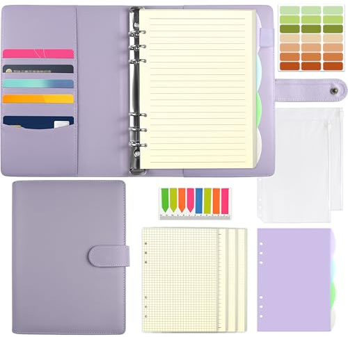 Qefuna A5 Ringbuch,Ringbuch A5 nachfüllbar mit180 Blatt A5 Nachfüllpapier, Bindetaschen und Unterteilungen, für Männer und Frauen，Lila