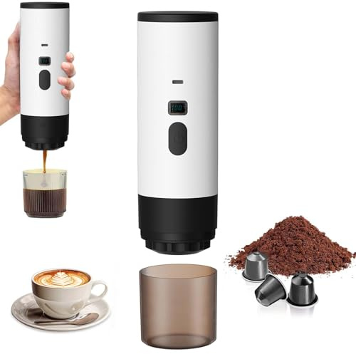 PZCC Machine à Cafe Portable,3En1 Cafetière à Expresso Chauffage Électrique,12V Expresso Cafetière Rechargeable, Pour Bureau,Voyage, Maison,Compatible avec les Capsules Espresso et Café Moulu (Blanc)