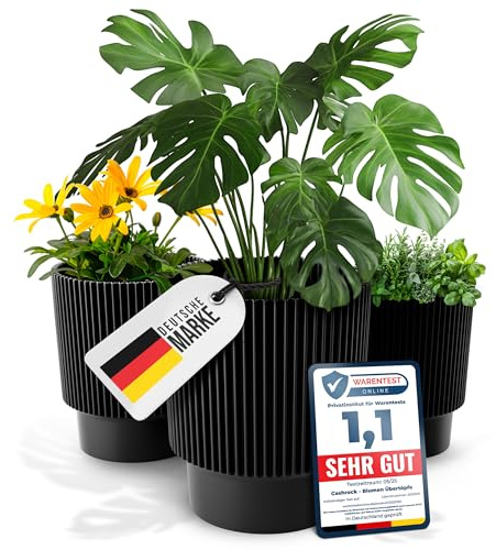 Cashrock Blumenübertopf Set – 3 Elegante Blumentöpfe schwarz für Indoor und Outdoor in verschiedenen größen 13cm, 15cm und 17cm - Basilikum Topf - Orchideentopf - Kräutertopf, optimale Drainage