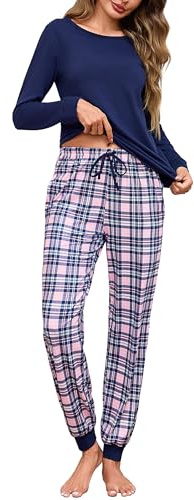Litherday Pyjama Femme Hiver Chaud Ensemble de Pyjama Femme Coton à Manches Longues 2 Pièces Hiver Tenue de Nuit avec Poches