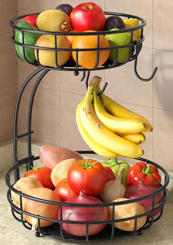 Sevenblue 2 Tier Large Fruit Basket for Kitchen Counter with Removable Banana Hanger - Sturdy Iron Fruit Bowl for Kitchen Counter and Vegetable Holder, Fruit Holder for Kitchen Countertop, Black