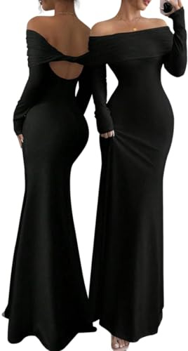 Vestido Largo Mujer Maxi Vestidos con Hombro Descubierto sin Espalda Bodycon Vestidos Sexy Mangas Larga Ajustado Elegante Vestido (FR/ES, Letras, Talla única, Regular, Regular, Negro M)